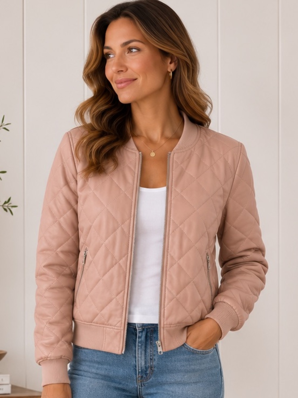 Guess Jacket Quilted Faux Leather Bomber Blush Pink Neutral LA Style Size Large